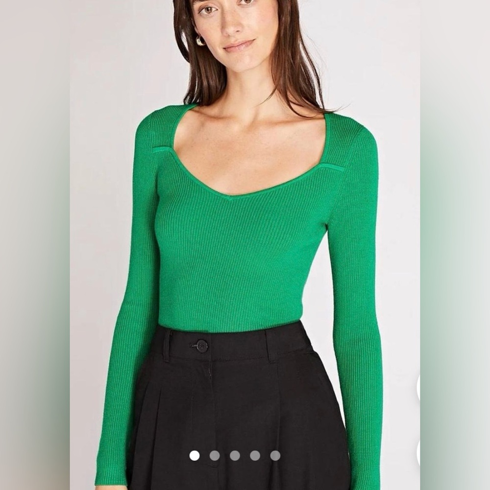 Club Monaco Green Ribbed Sweetheart Neckline Pullover Long Sleeve Top Size XS